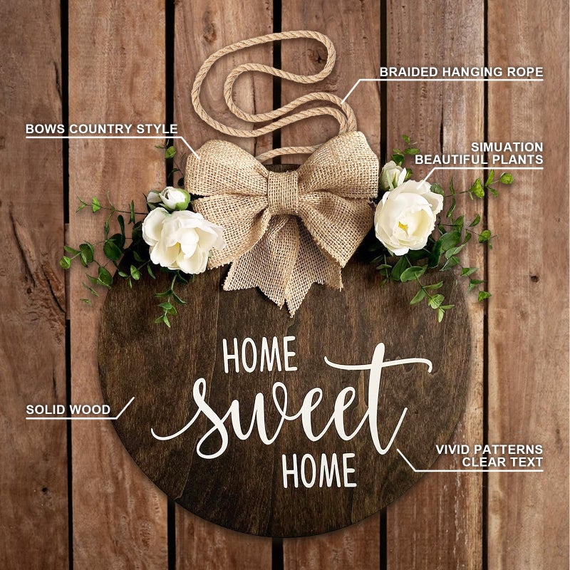 DOFAFALA Home Sweet Home Farmhouse Welcome Sign, Round Wood Hanging Door Decor with Ribbon Bow and Faux Greenery, Rustic Porch Wreath for Thanksgiving, Christmas, Brown Front Door Hanger - Image 5